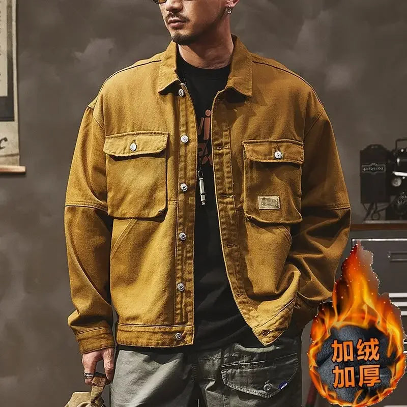 High end work jacket, men's spring and autumn trendy brand, loose American retro lapel jacket, casual and handsome denim jacket