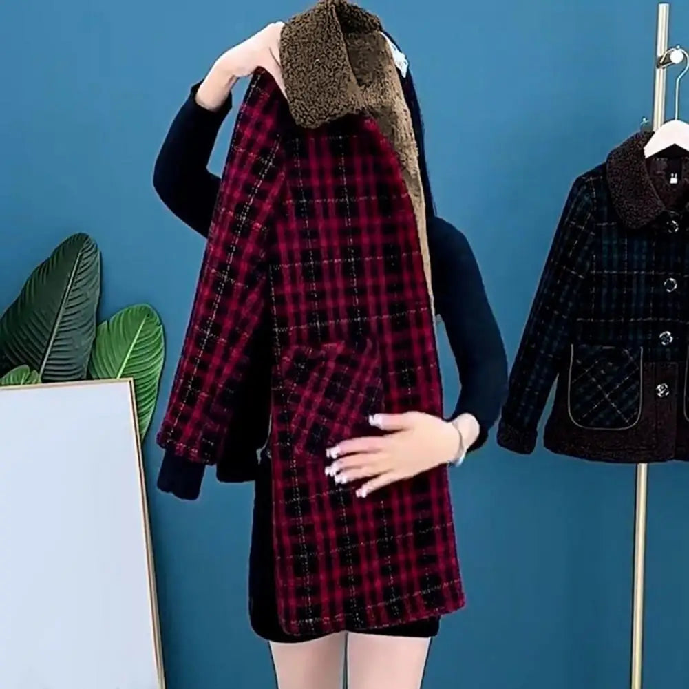 Women Plaid Coat Checkered Winter Mother Jacket Pockets Turn-down Collar Single-breasted Mid Length Overcoat Mid-aged Women Coat