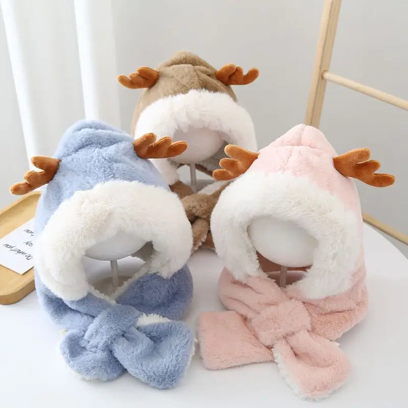 Winter Kids Hat for Boy Girl Cartoon Deer Antler Scarf One-Piece Faux Fur Baby Bonnet Thicken Infant Earflap Cute Christmas Gift