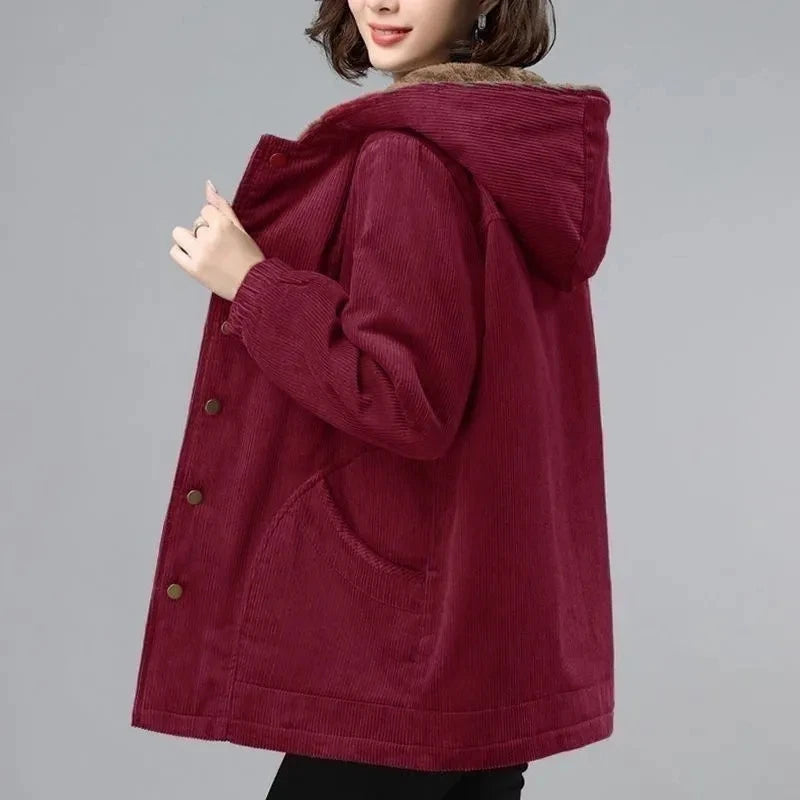 Women Corduroy Jackets 2025 New Autumn Winter Solid Loose Coat Female Casual Middle-Aged Plus Velvet Warm Hooded Ladies Overcoat