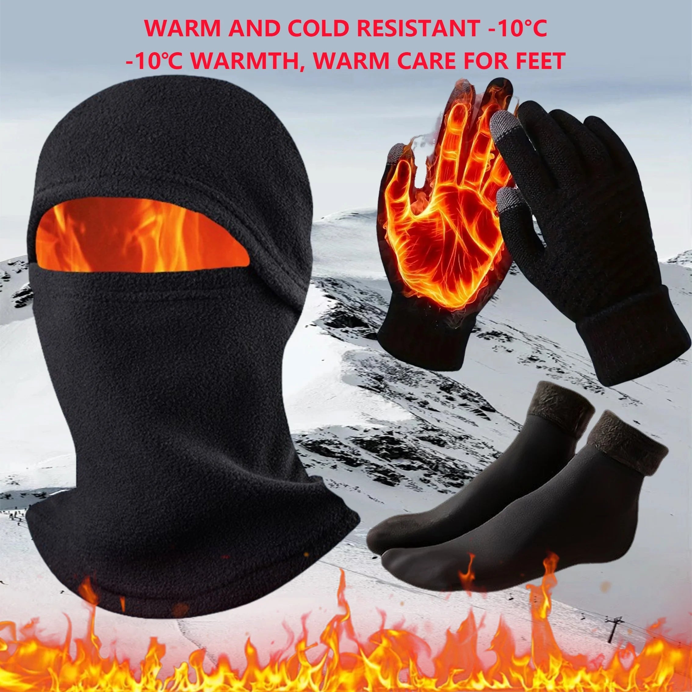 3-Piece Winter Accessories Set Warm Polyester Helmet Pads with Windproof Balaclava Touch Gloves and Thick Socks