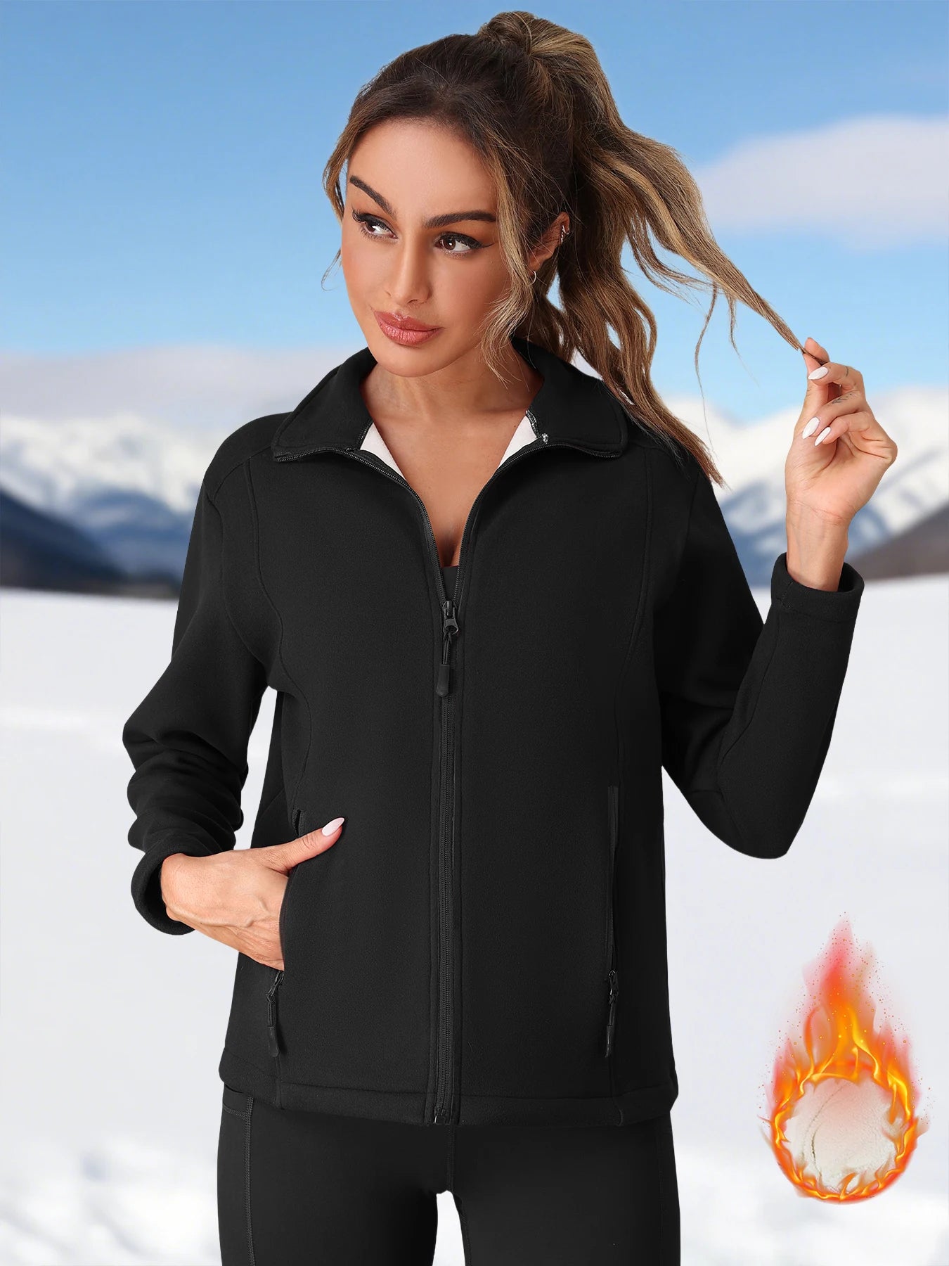 Fleece Jacket for Women Full Zip Solid Color Pullover with Two Utility Pockets Autumn Winter Warm Thick Coat Slim Soft Jacket