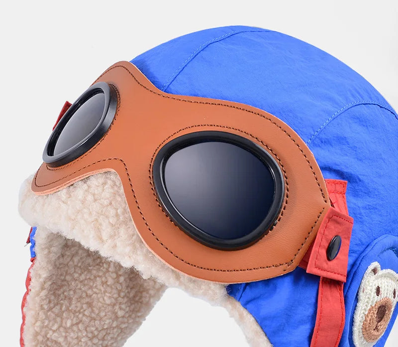 Winter Kids Skiing Hat with Detachable Goggles Kids Beanie Protect Ears Fleece Lining Children Bonnet Cap for Boys Girls 4-12Y