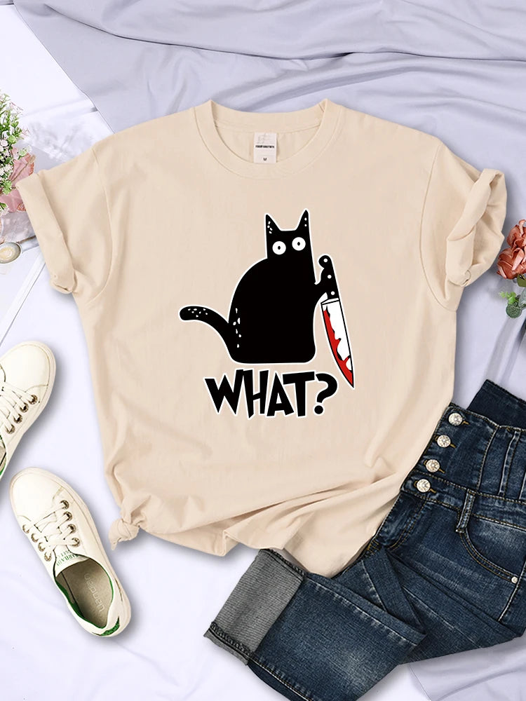 Kitchen Knife Black Cat Wha? Print Female Short Sleeve Fashion Breathable T-Shirts Summer Cool Tee Clothes Street Hip Hop Tops
