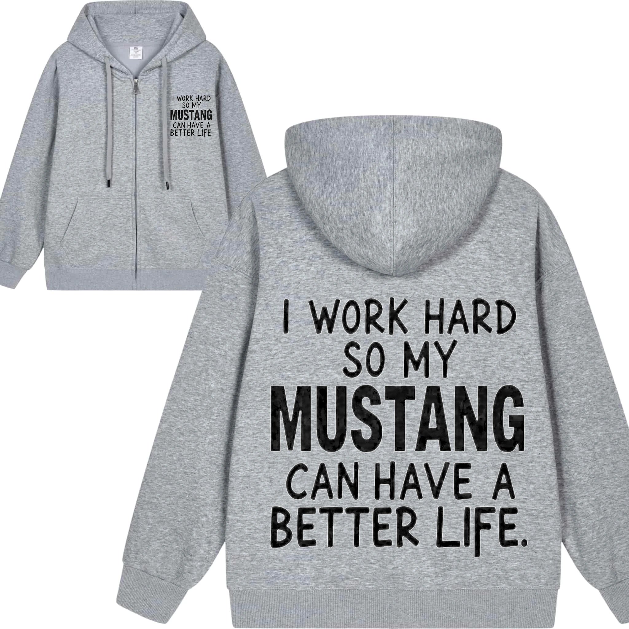 Men's Hooded Jacket Black Mustang Text Print Casual Daily Wear Fashion Streetwear Top Quality Comfortable Sweatshirt