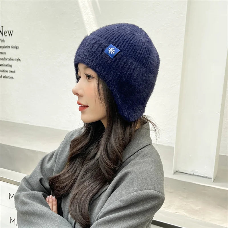 Winter Women Earflap caps Snowflake knitted hats Ear protection hats  Adult Ladies casual mohair beanie cap Gorros