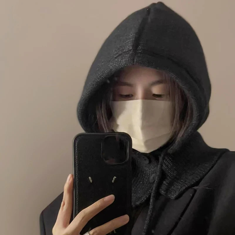 Fashion Winter Hats Scarf Set Wool Knitted Hooded Caps Balaclava Neck Warmer Scarf Shawl Gothic Pullover Hat Beanies Bonnet