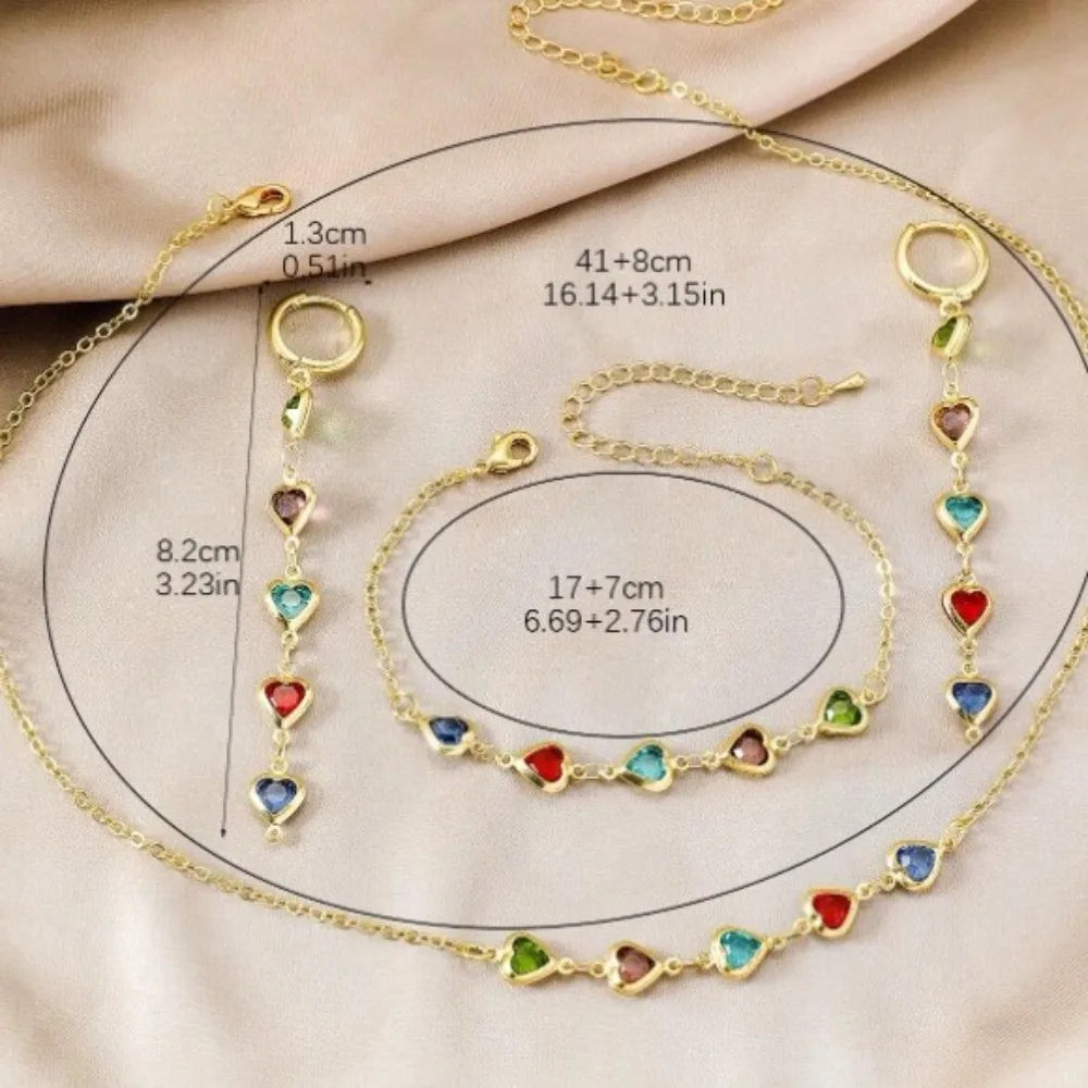 3Pcs Jewellery Set Elegant Colorful Crystal Heart Necklaces Bracelets Earrings for Women Party Wedding Girl Wrist Jewelry Gift