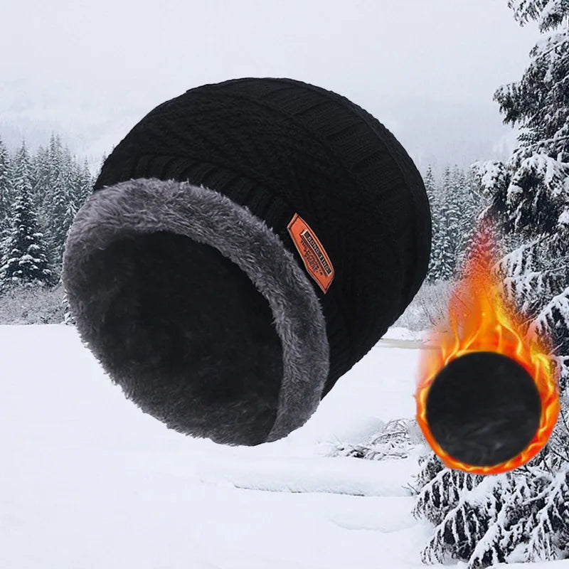 Winter Hat For Men Fleece Scarf Women Neck Leather Knitted Cap Thick Wool Neck Warmer Balaclava Ski Mask Skullies Beanies