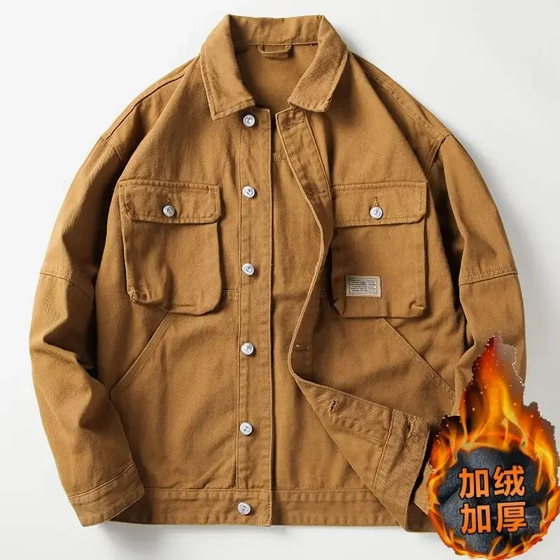 High end work jacket, men's spring and autumn trendy brand, loose American retro lapel jacket, casual and handsome denim jacket