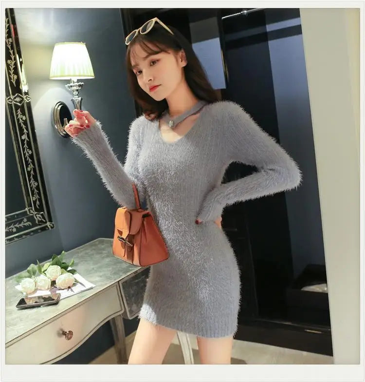 Women's Autumn Winter y2k Dresses Casual Korean Fashion Clothing Slim Mini Sweater Dress White Black Knitted Bodycon Vestidos
