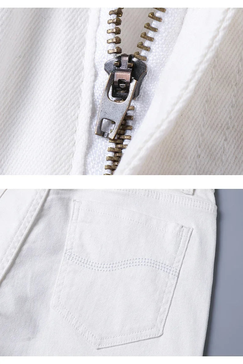 Men's Jeans Pure White Fashion Elastic Slim Youth Slimming Straight Leg Male Pants Business Casual Middle Age High End Trousers