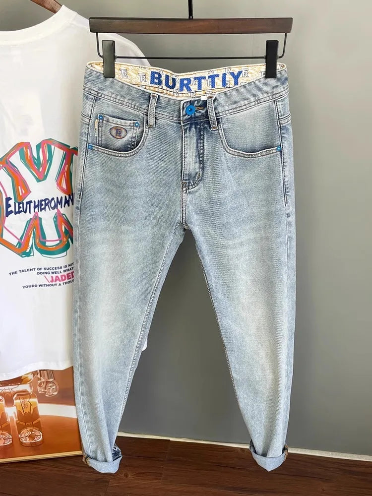 Light Blue Embroidered Jeans Men's Summer Slim Fit Nine-Piece Waed Casual Pants Breathable Straight Leg Jeans Youth Trend