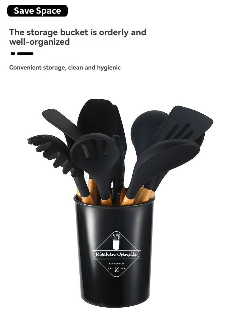 Kitchen utensil set with wooden handles, non-stick pans, food-grade cooking silicone storage set, baking and frying kitchen set