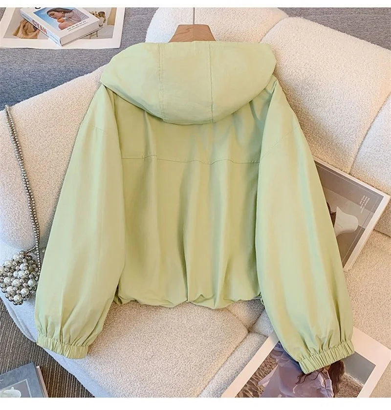 Women's Jacket Fashion Hooded Windbreaker New Spring Autumn Female Casual Short Coat Outwear Pink Green White Female Outerwear