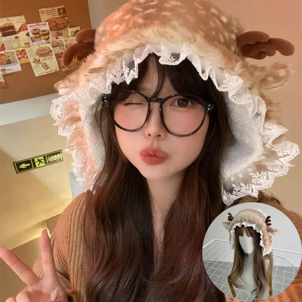 Winter Harajuku Plush Scarf Christmas Gift Padded Warm Scarf Earflap Hat Antlers Hairband Cute New Year Decoration Accessories
