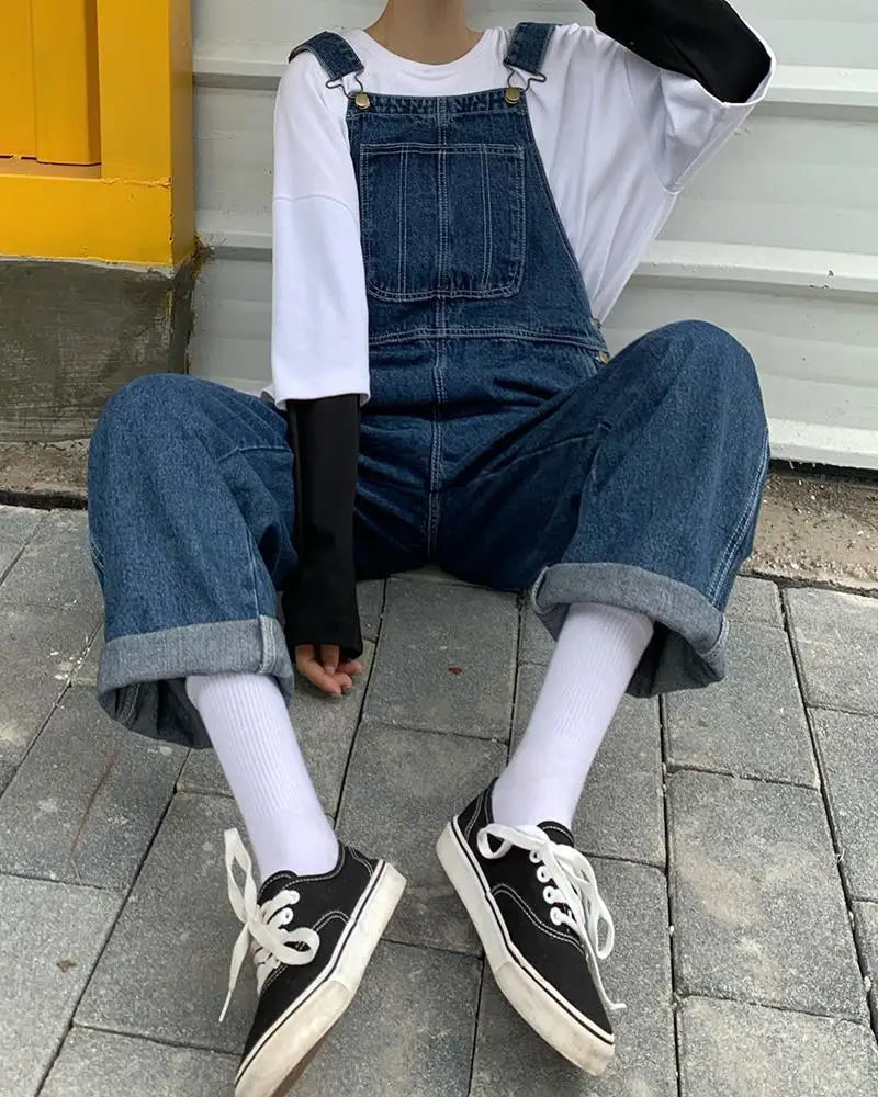 New Men's Denim Overalls Casual Multiple Pockets Loose Splice Straight Rompers Fashion Adjustable Suspenders Jeans For Male