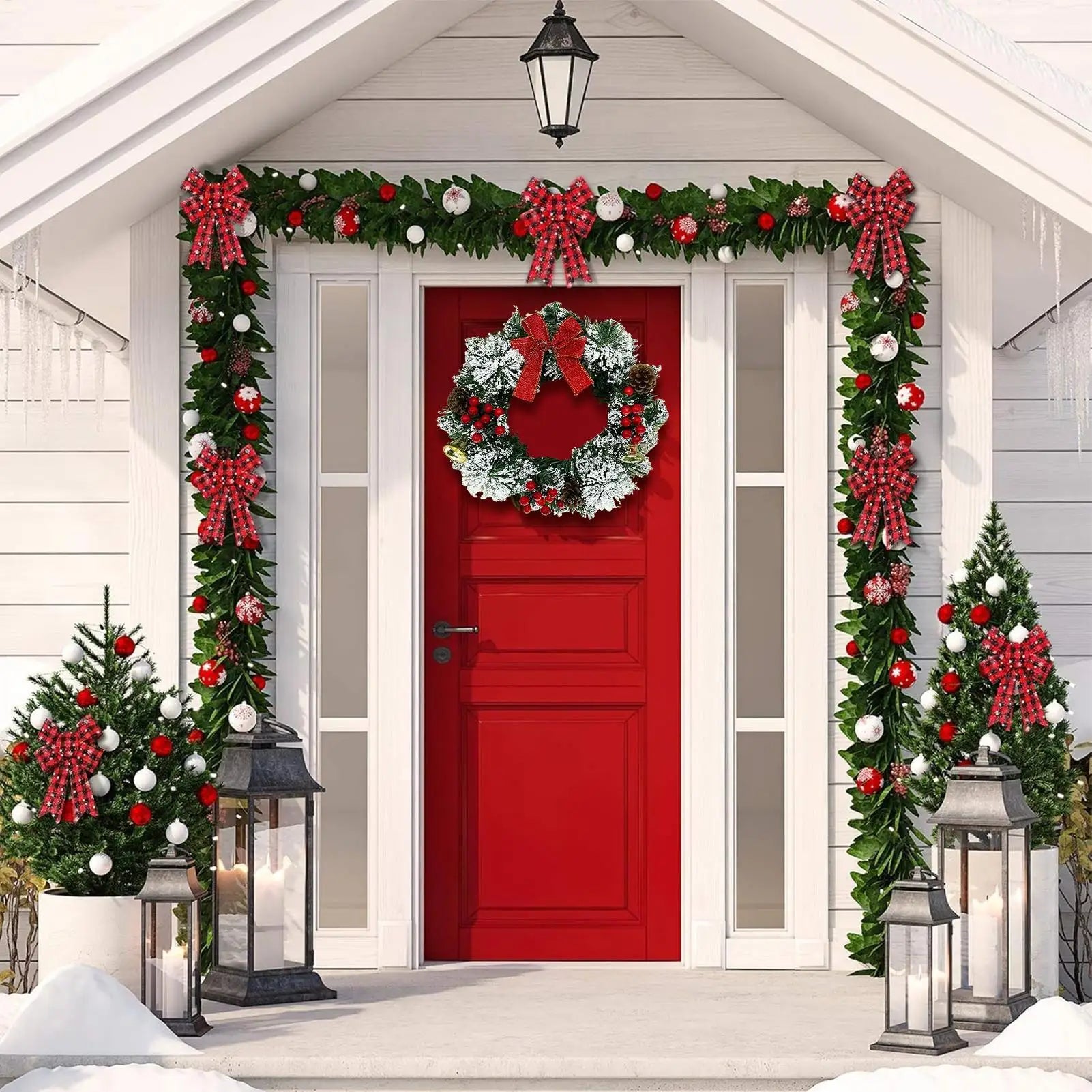 Christmas Wreath 30cm Holiday Decor with Berries Bow Bells Artificial Greenery Garland for Door Window Wall Christmas Decoration