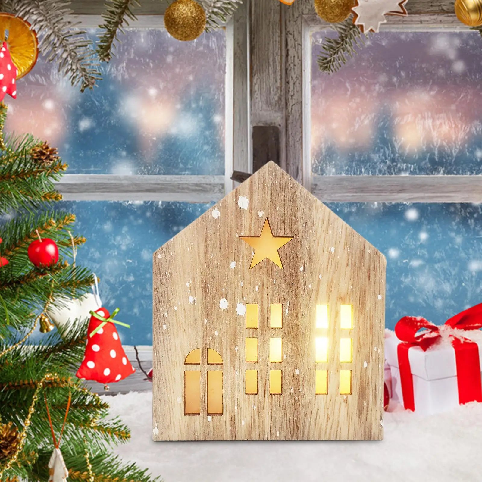 Christmas Glowing House Wooden Crafts Wooden Cabin House Shape Lighting Ornaments Office Desk Bookshelf Decorations