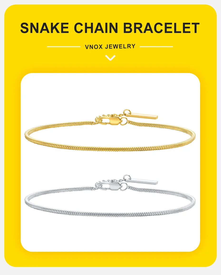 Vnox 1.7mm Square Snake Chain Bracelets for Men, Stainless Steel Cool Bracelet, Basic Casual Wristband