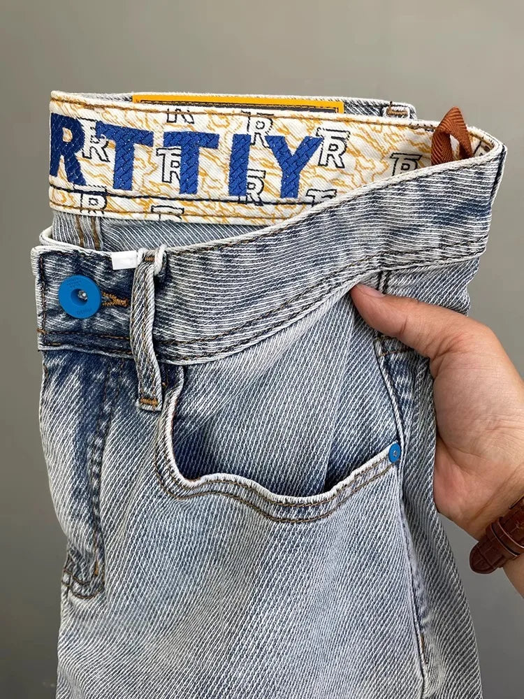 Light Blue Embroidered Jeans Men's Summer Slim Fit Nine-Piece Waed Casual Pants Breathable Straight Leg Jeans Youth Trend