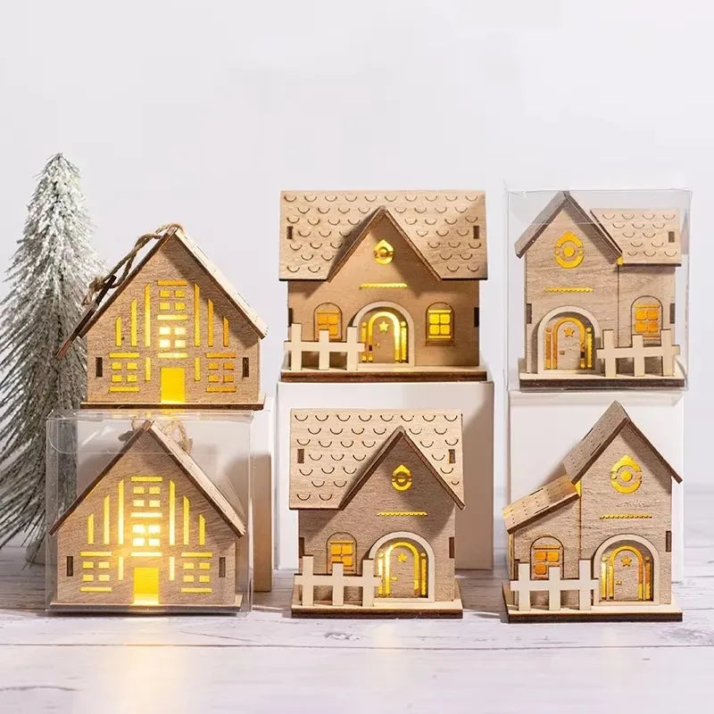 Christmas Led Light Wooden House Village Decorations Glowing Cabin Ornament Xmas House Desktop Ornament Holiday Home Decor