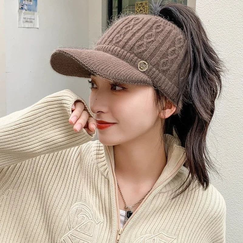 Winter Warm Headband Hat With Brim Thick Knit Cap Ponytail Hole Ponytail Opening Ear Covers Fashion Fashion Knit Hat Accessories