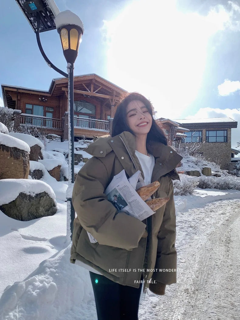 Women's Down Cotton Jacket Hooded Coat Winter Cotton Comfortable Thick Warm Love Embroidery Loose Jacket Snow Coat Clothing