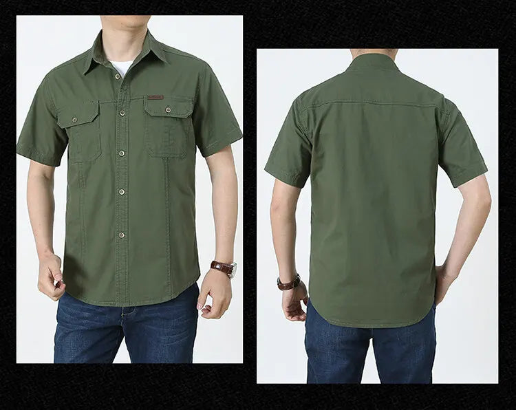 2023 Men Cargo Shirt Casual 100% Cotton Solid Short Sleeve Multi Pocket Work Blouses Loose Plus Size 5XL Business Men Clothing