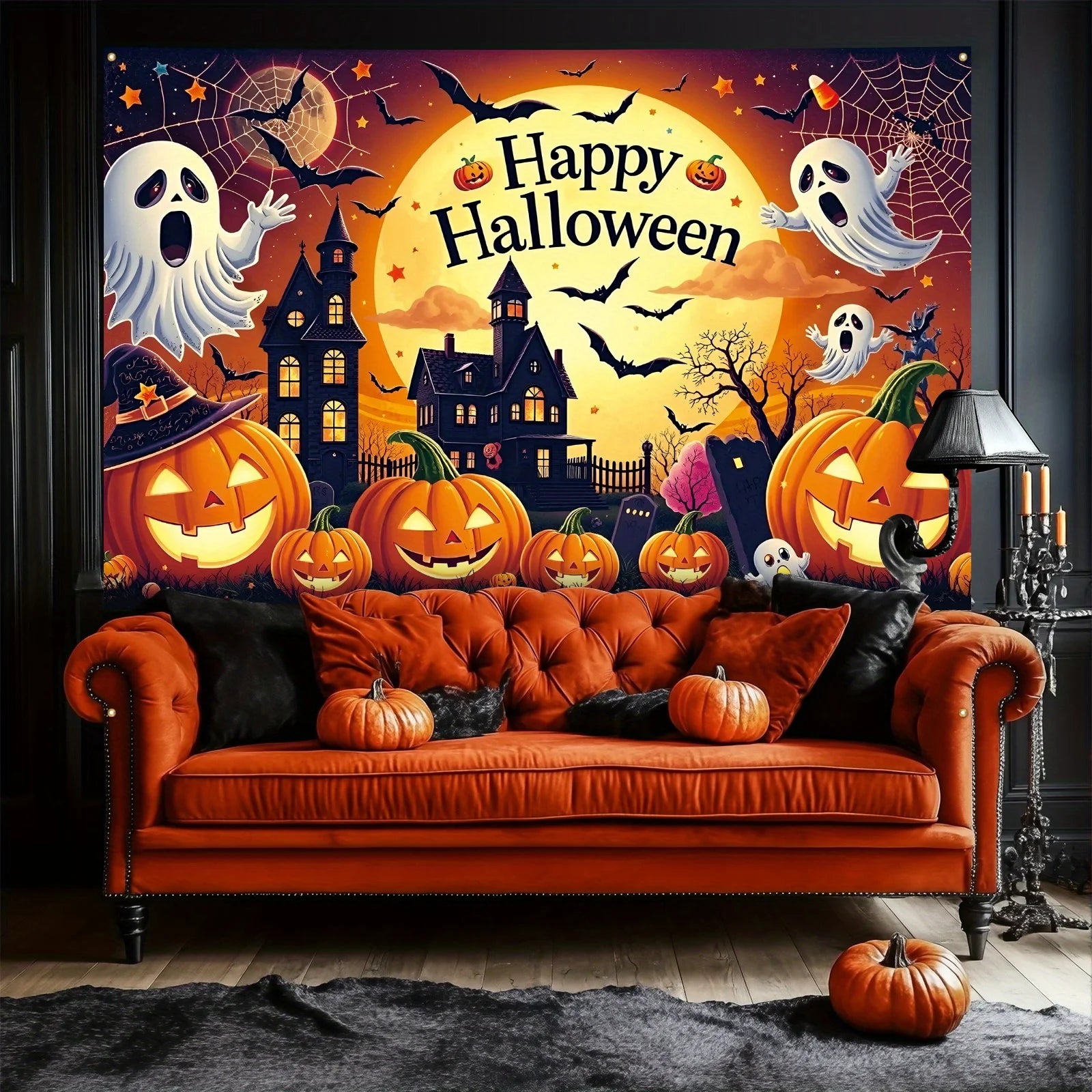 Halloween Happy background banner, Ghost castle pumpkin ghost, carnival, festival, celebration event, party decoration