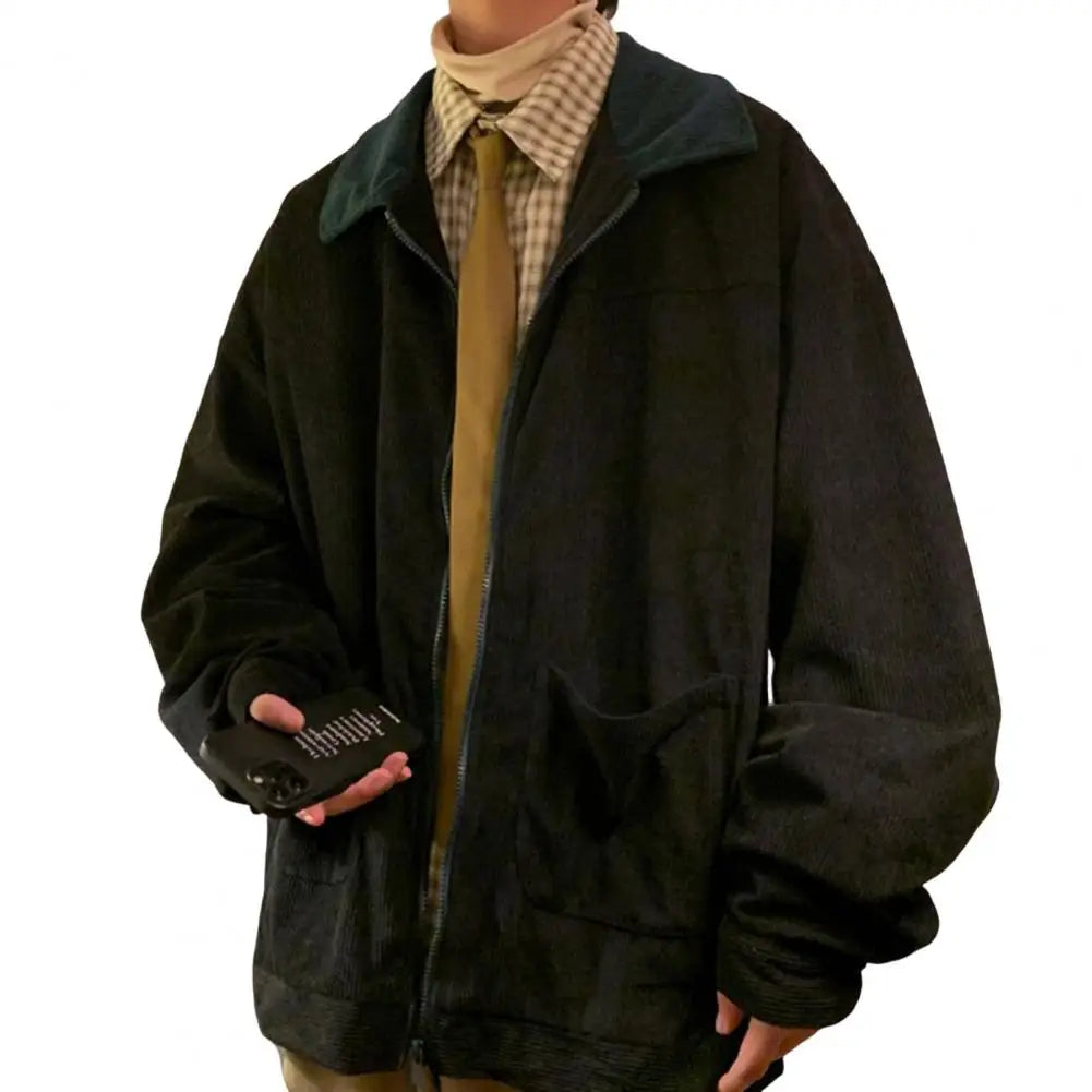 Men Jacket Stylish Men's Corduroy Patchwork Jacket with Full Zipper Placket Lapel Coat Outwear for Fall Winter Corduroy Outwear