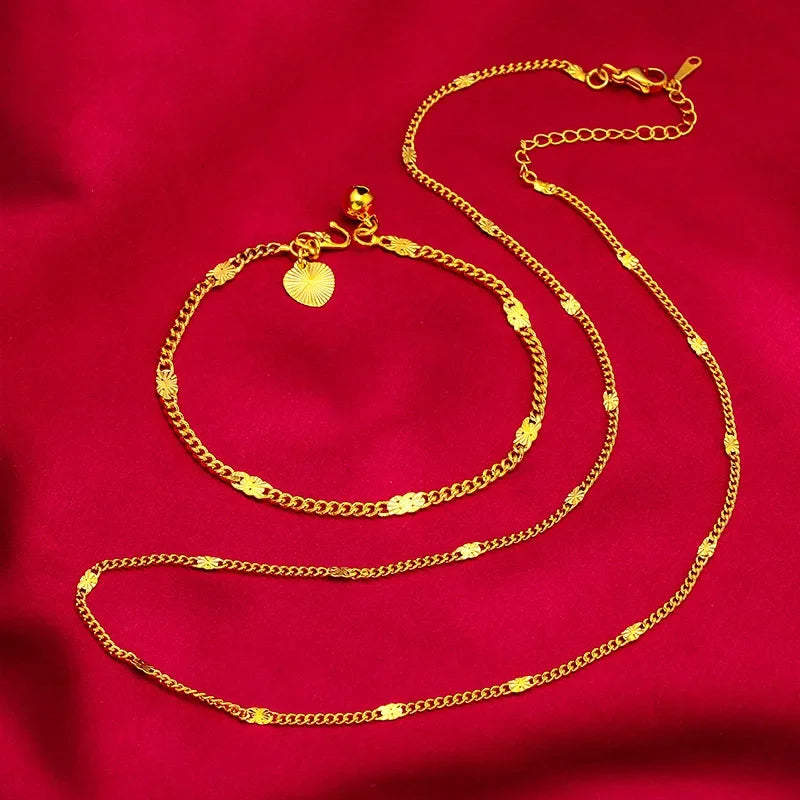 24K Gold Color Jewelry Sets For Women Link Chain Necklace Bracelet 2 pcs Wedding Jewellery Set Accessories Party Gifts Bijoux