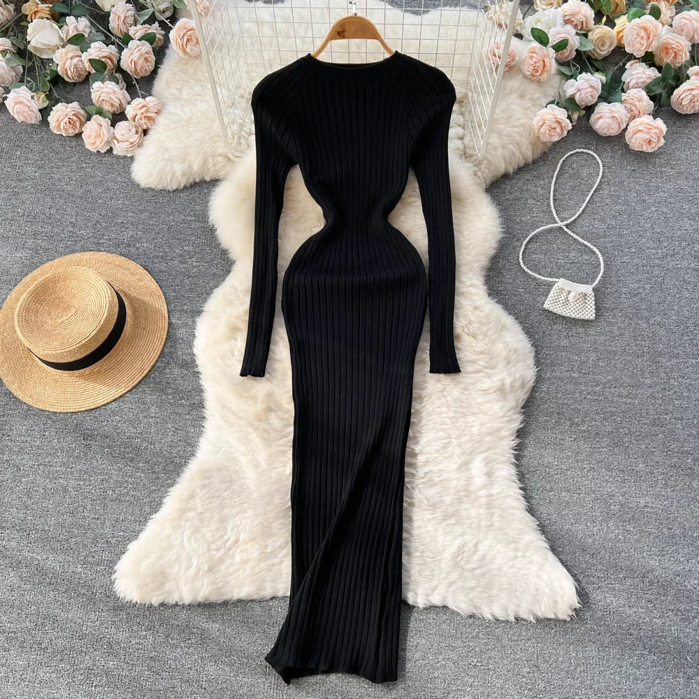 Women Knitted Dress O Neck Sexy Slim Elastic Oversized Basic Bodycon Long Dress Winter knit Warm Sweater Dresses