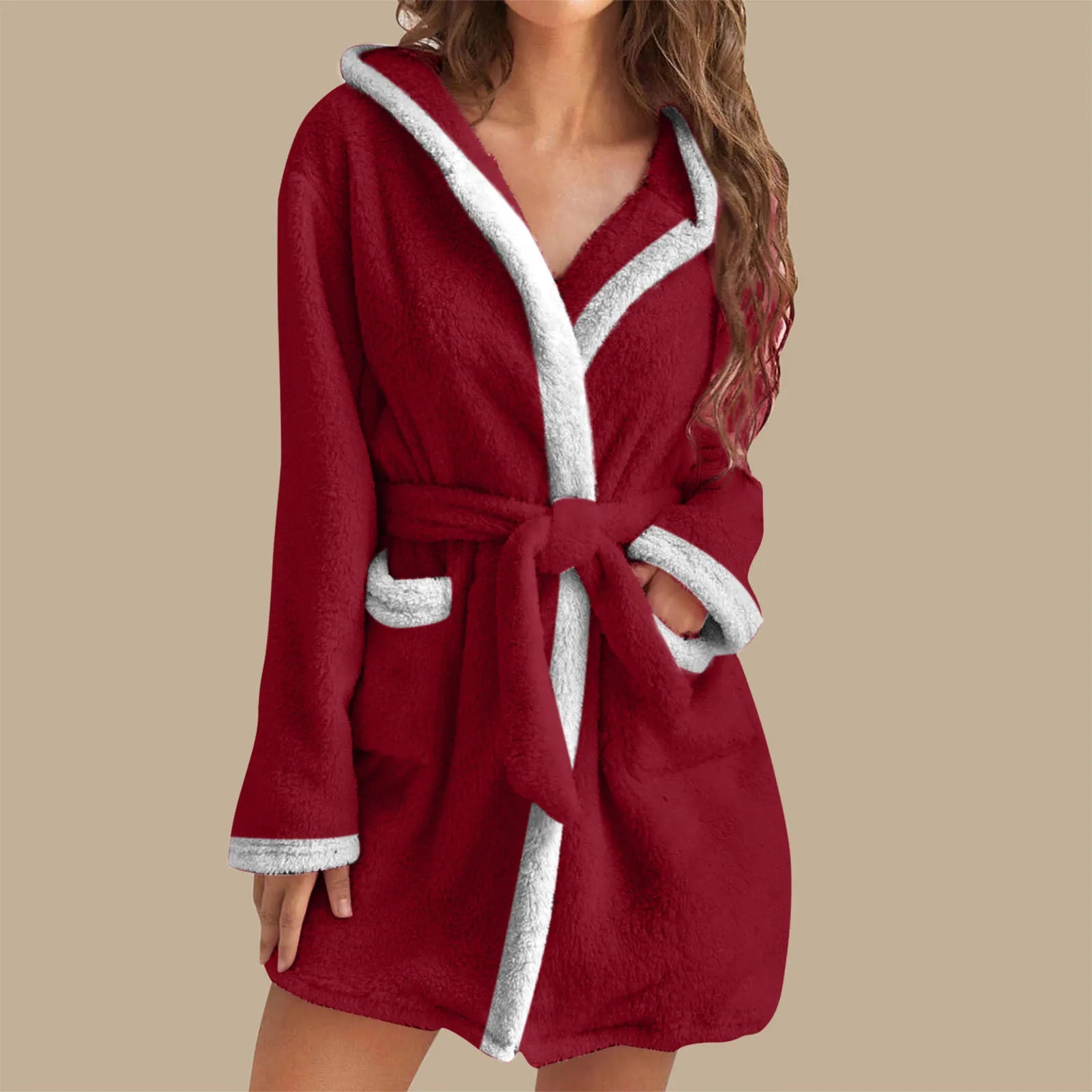 Women's Winter Casual Plush Robe Solid Color Matching Double Pocket Strappy Nightgown Fuzzy Bathrobe Coats Home Clothed Ladies
