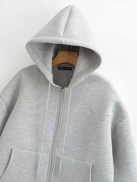 2025 Women Gray Jacket With Hood Long Sleeve Big Pocket Zipper Jacket Coat Woman Loose Casual Outerwear Coat Tops