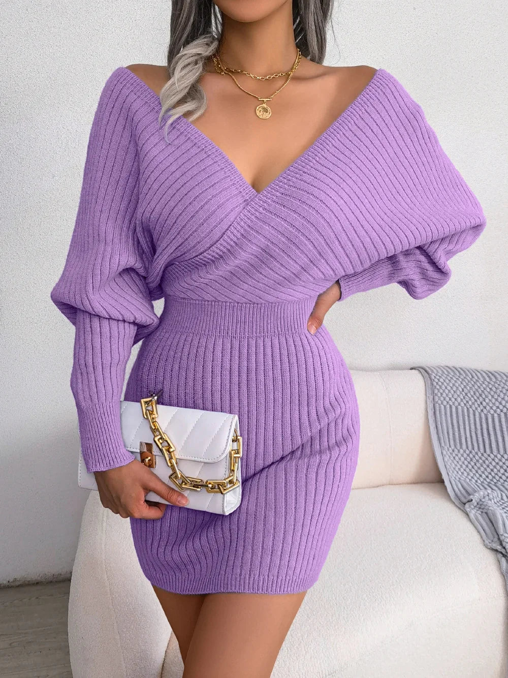 Autumn Winter Casual Sexy Cross V Neck Batswing Sleeve Dress for Women Solid Color Wrap Hip Woolen Dress