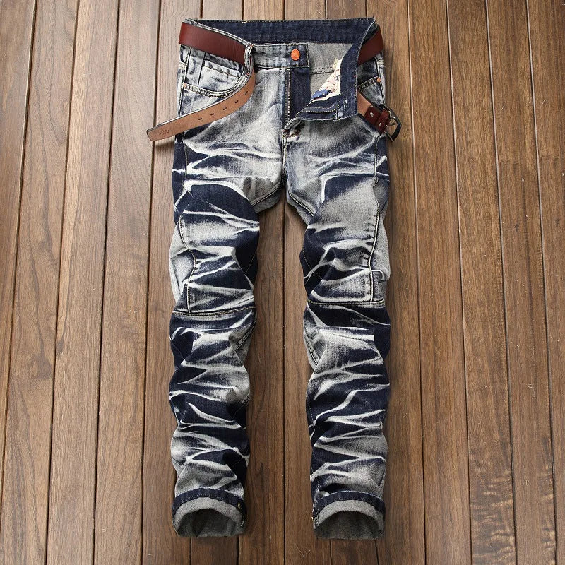 2025 Men's Fashion Vintage Jeans Slim Straight Leg Tie Dye Pleated Biker Denim Pants Male Casual Pants Oversized 42 High Quality