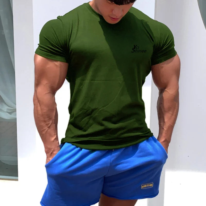 Men Tshirts Short Sleeve Slim Fit Stretch Cotton Muscle T-shirt for Men Bodybuilding Workout Casual GYM Fitness Tee