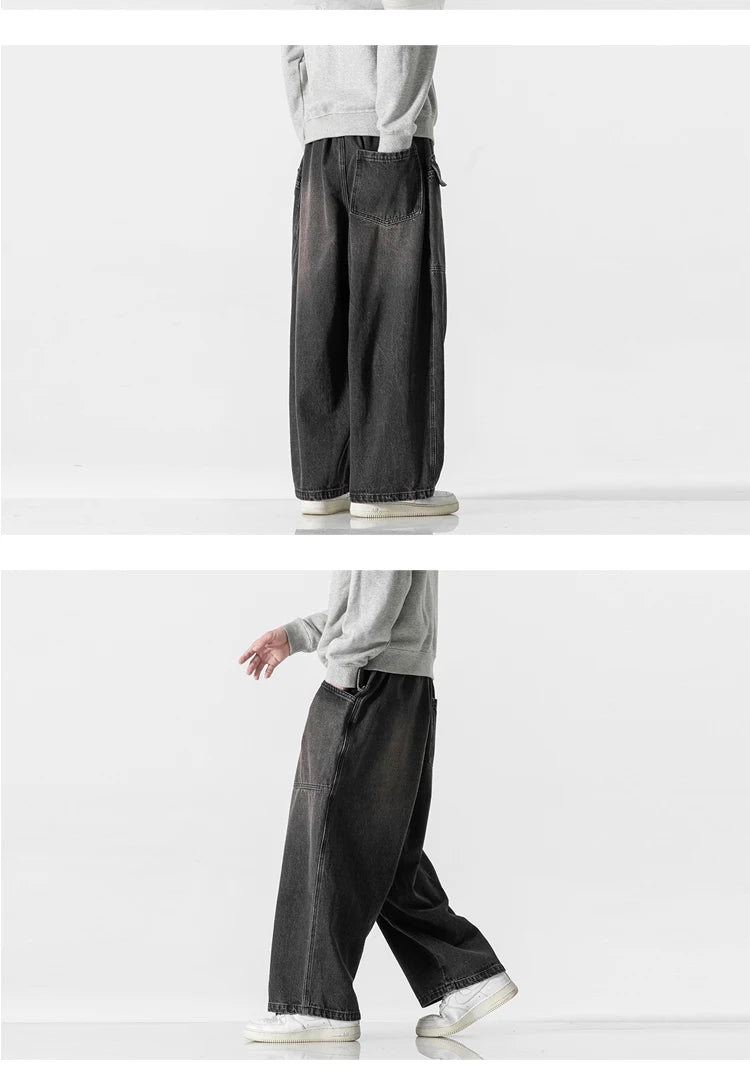 2023 Men Straight Denim Pants Men Blue Jeans Loose Trousers Male Causal Oversize Wide Leg Pants Elastic Waist Black Jeans