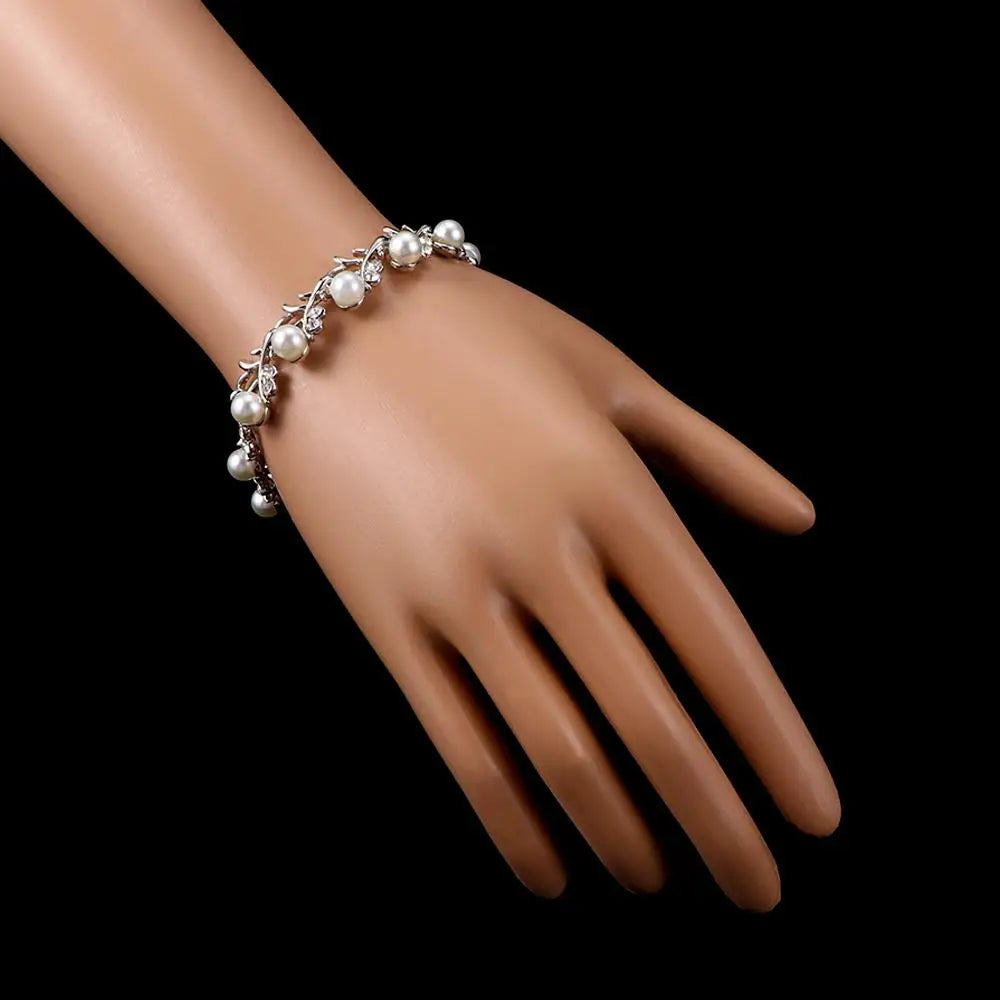 Day Gift Bridal Leaf Clavicle Chain Rhinestone Collar Choker Crystal Necklace Earrings Bracelet Set Wedding Jewelry Pearl