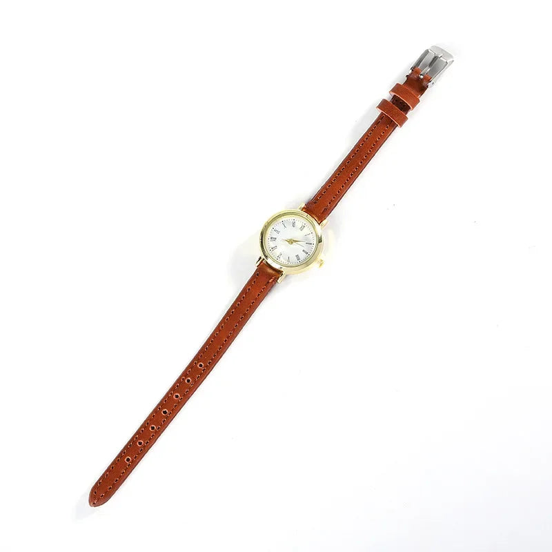 Women Brown White Small Round Watches Versatile Thin Strap Leather Band Ladies Quartz Watch Wristwatch Clock Reloj Mujer