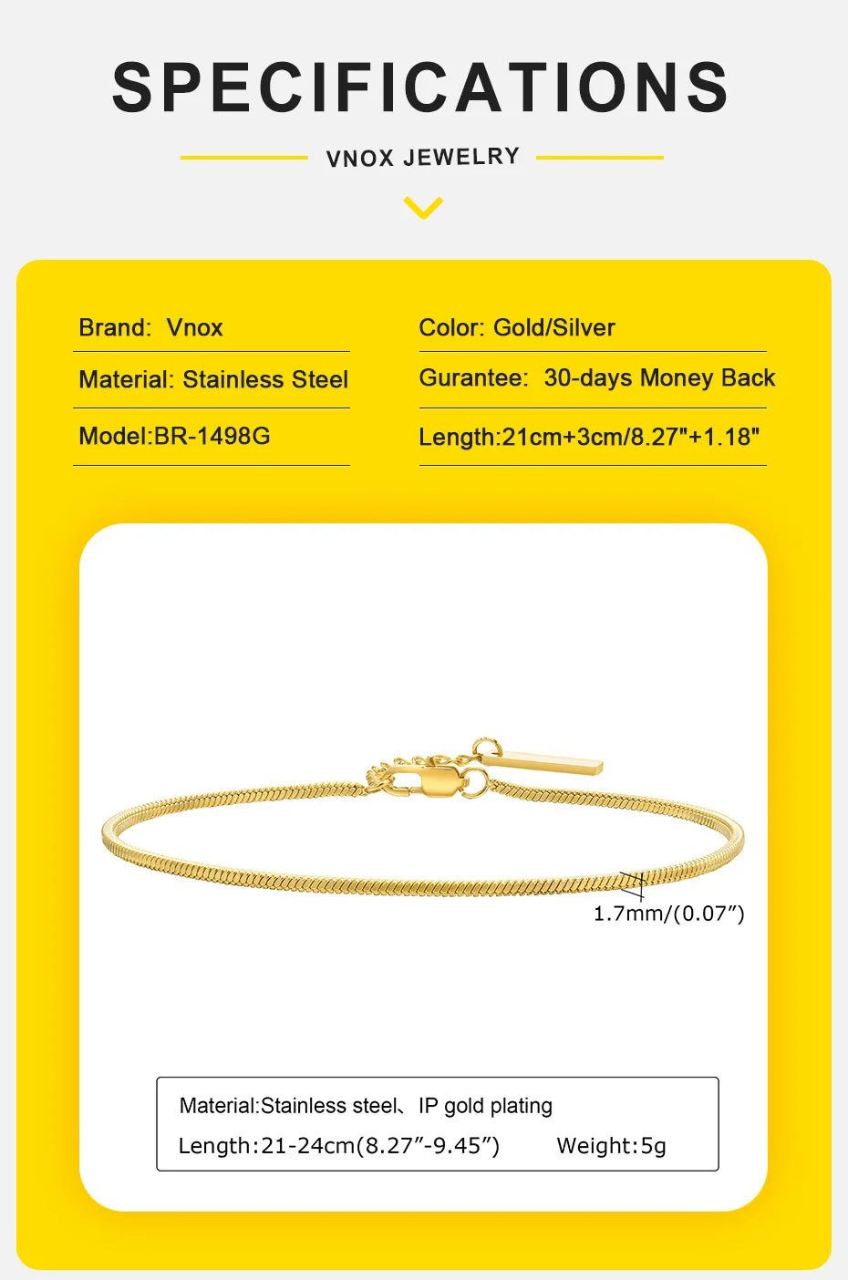 Vnox 1.7mm Square Snake Chain Bracelets for Men, Stainless Steel Cool Bracelet, Basic Casual Wristband