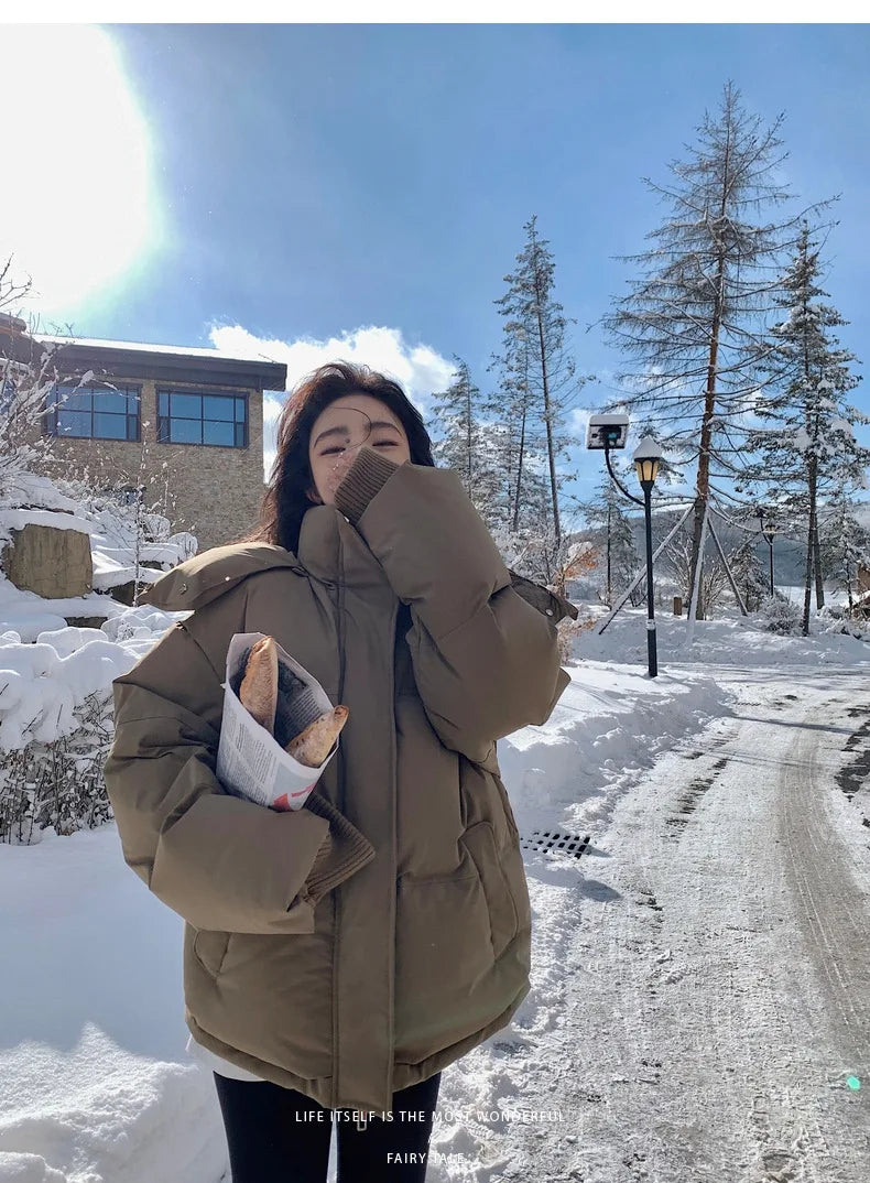 Women's Down Cotton Jacket Hooded Coat Winter Cotton Comfortable Thick Warm Love Embroidery Loose Jacket Snow Coat Clothing