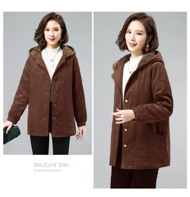 Women Corduroy Jackets 2025 New Autumn Winter Solid Loose Coat Female Casual Middle-Aged Plus Velvet Warm Hooded Ladies Overcoat