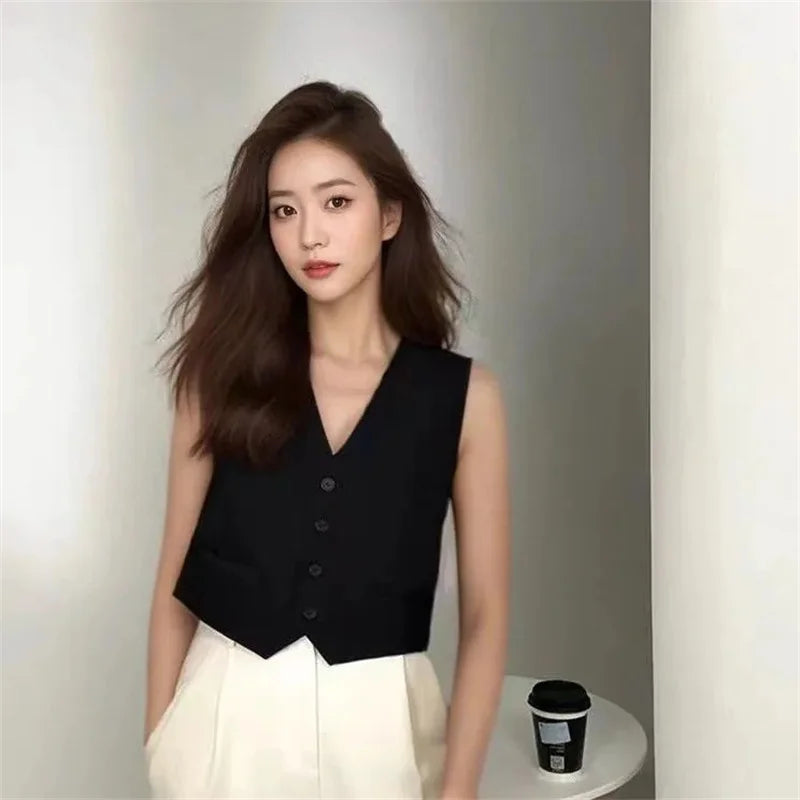White Black Suit Vest Jacket For Women 2025 New Summer V-neck Short Style Sleeveless Jacket Fashion Lined Blazers Vest Waistcoat