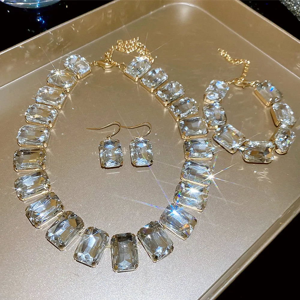 Bride Crystal Necklace Earrings Bracelets Set Bridesmaid Wedding Jewellry Three Pieces Choker Necklace Prom Costume Jewelry Sets