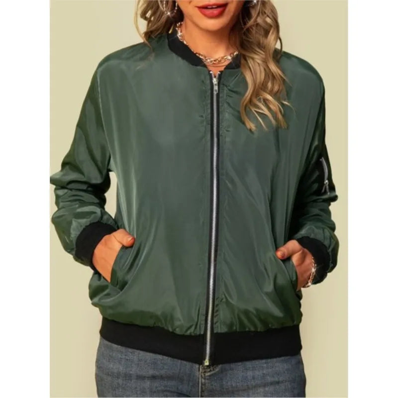 Women Fashion Casual Jacket 2025 Autumn Solid Color Spring Coat Long Sleeve Stand Collar Zipper Basic Women Motorcycle Jackets