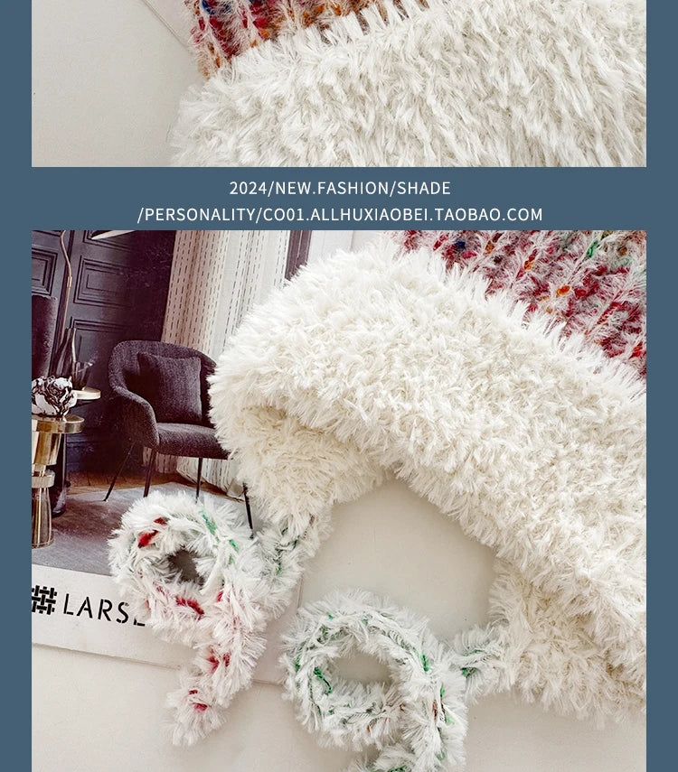 Winter Cute Cartoon Bear Ears Mixed Color Plush Pullover Hat Women Winter Warm Straps Ear Protectors Knitted Skull Beanie Cap