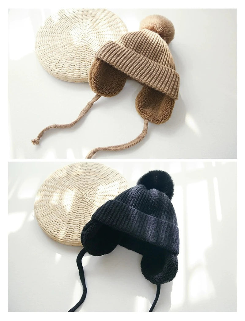 Winter Baby Knitted Hat Skiing Infant Bonnet Plush Lining Kids Beanie Protect Ears Children Cap for Boys Girls Accessories 2-6Y