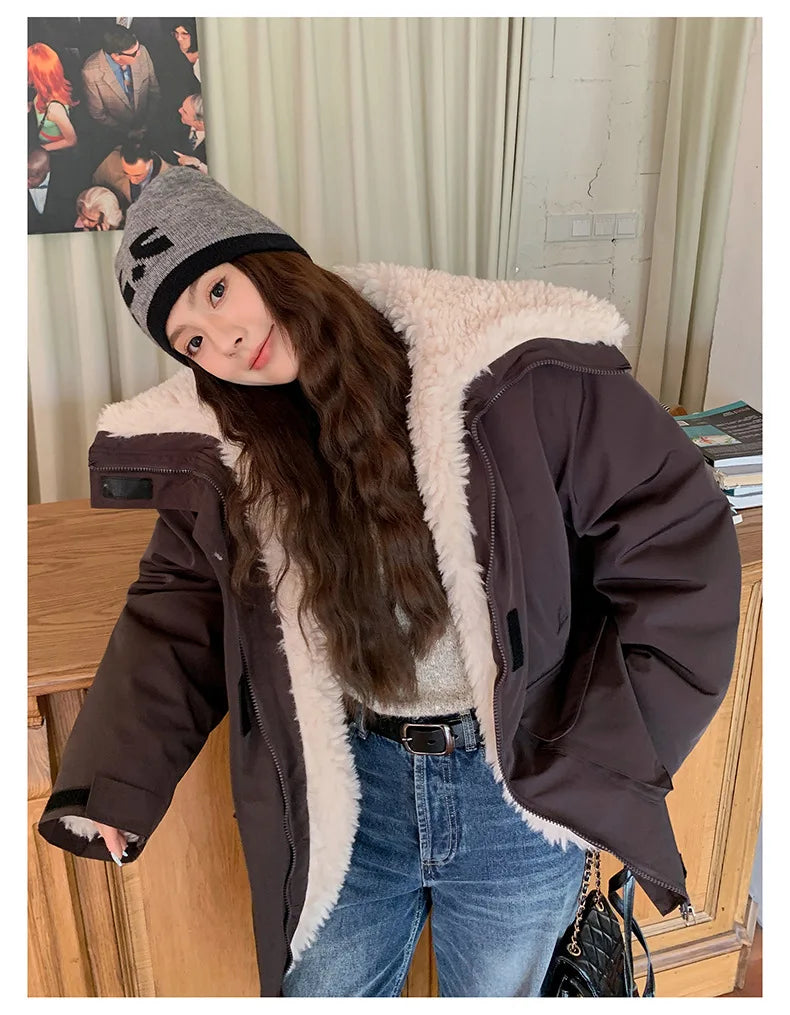 Women Parkas Short Coats Jackets Turn Down Collar Thick Warm Y2k Streetwear Elegant Jacket Work Coat Autumn Winter 2025